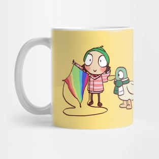 sarah and duck flying a rainbow kite in kite flight / children cartoon Mug